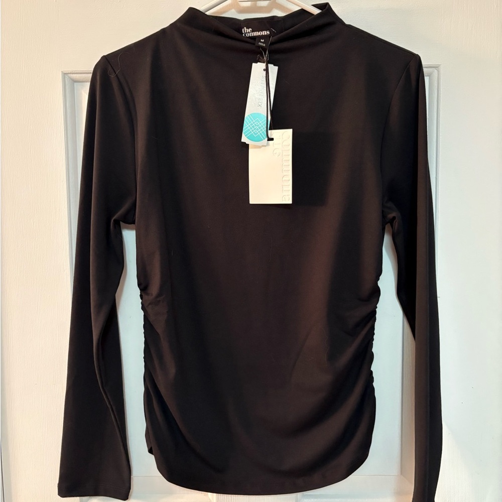 Uncommon Black Ruched Blouse with Mandarin Collar